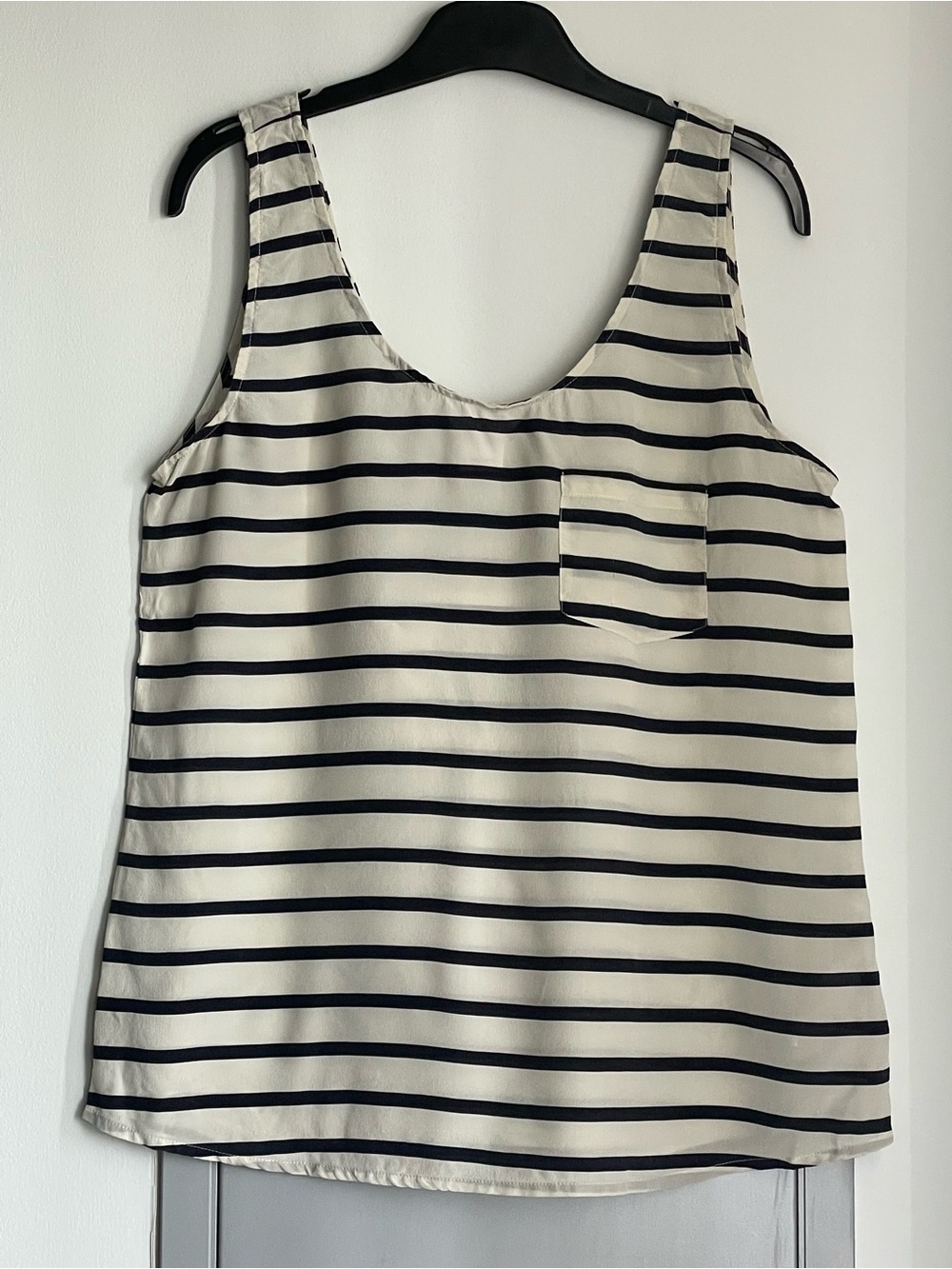 JOE FRESH Black and Cream Striped Scoop Neck 100% Silk Tank Top